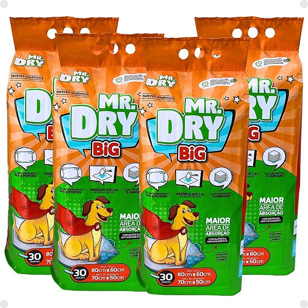 Kit Mr. Dry Big: 4 Tapetes Higiênicos 80x60cm Com 30 Unidades
