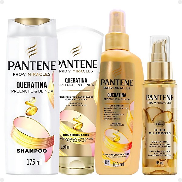 Kit Pantene Pro-V Miracles Queratina: Shampoo 175ml, Condicionador 150ml, Spray e Óleo