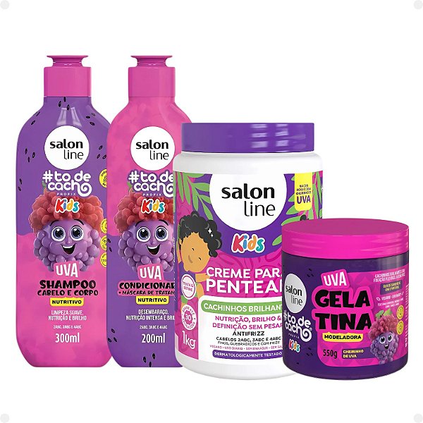 Kit Salon Line Kids: Shampoo e Condicionador + Creme para Pentear 1kg e Gelatina Modeladora Uva
