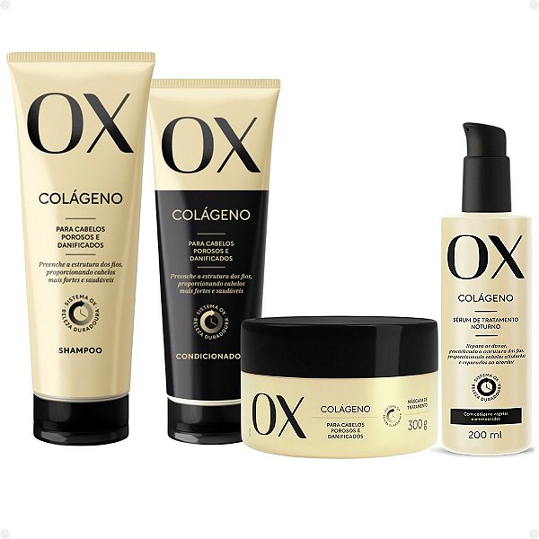 Kit Ox Colágeno: Shampoo 200ml, Condicionador 170ml, Máscara e Sérum Tratamento Noturno
