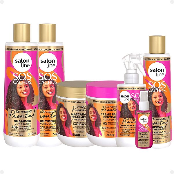 Kit Salon Line Sos Cachos De Repente Pronta!: Shampoo, Condicionador, Máscara, Creme para Pentear, Creme Fluido, Acidificante e Óleo