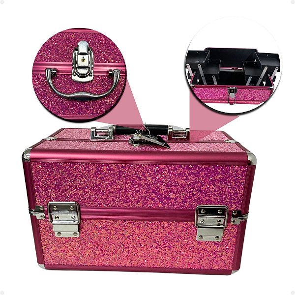Maleta de Maquiagem Cisne Linha Shine Pink Glitter e Rosa Csn-5142B