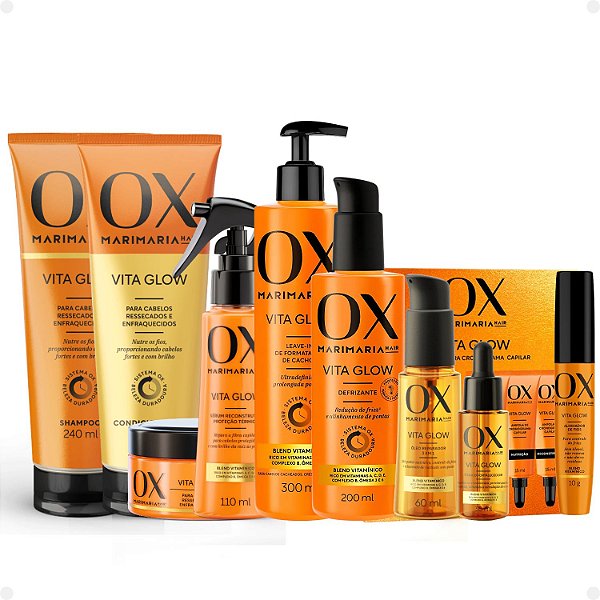 Kit Ox Mari Maria Hair Vita Glow: Shampoo, Condicionador, Máscara, Ampola, Sérum, Leave-In, Defrizante, Óleo, Tônico e Alinhador de Fios
