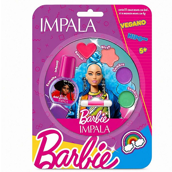 Kit Impala Barbie:1 Esmalte Shine Bright e Paleta de Maquiagem Infantil Cj. 1