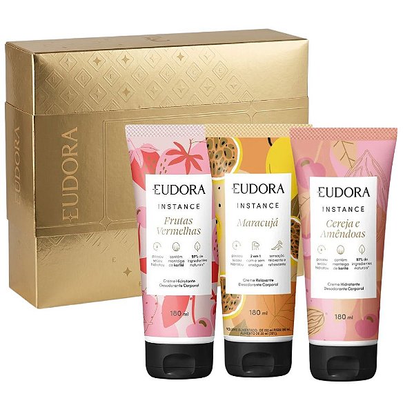 Kit Eudora Instance Creme Desodorante Corporal: Frutas Vermelhas, Marácuja e Cereja e Amêndoas 180ml
