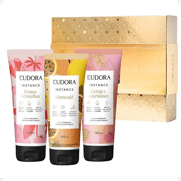 Kit Eudora Instance Creme Desodorante Corporal: Frutas Vermelhas, Marácuja e Cereja e Amêndoas 180ml