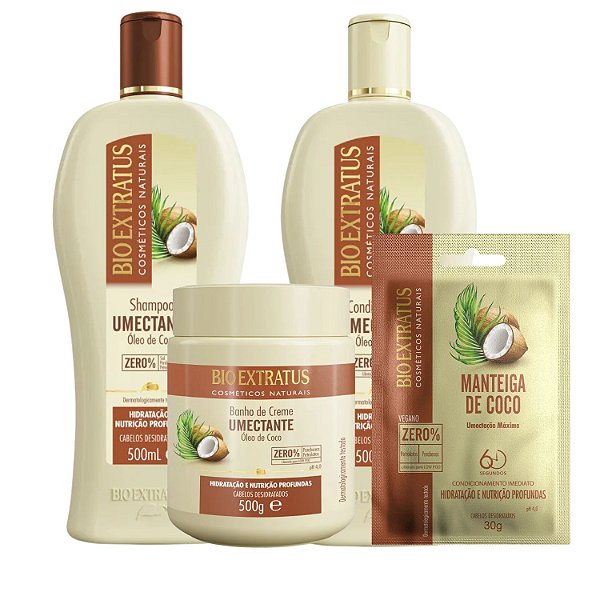 Kit Bio Extratus Umectante Óleo de Coco: Shampoo 500ml, Condicionador 500ml, Banho de Creme 500g e Manteiga de Coco 30g