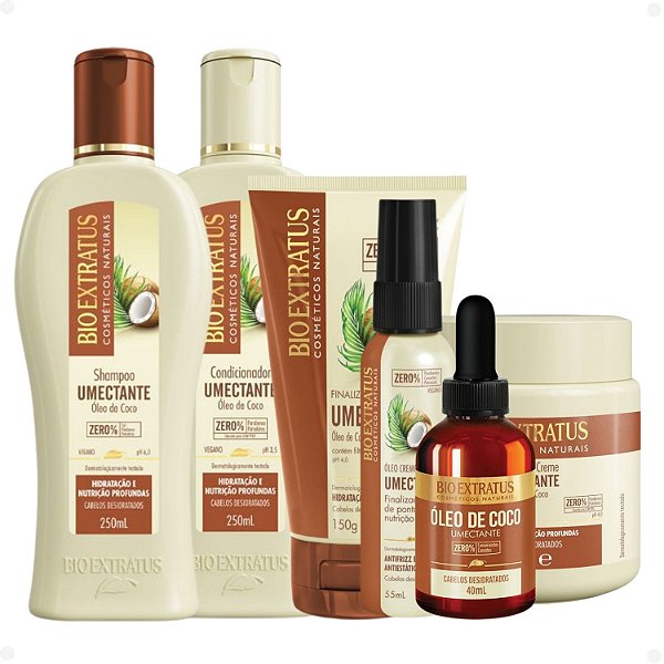 Kit Bio Extratus Umectante Óleo de Coco: Shampoo 250ml, Condicionador 250ml, Banho de Creme 250g, Finalizador 150g, Óleo Cremoso e Óleo Umectante