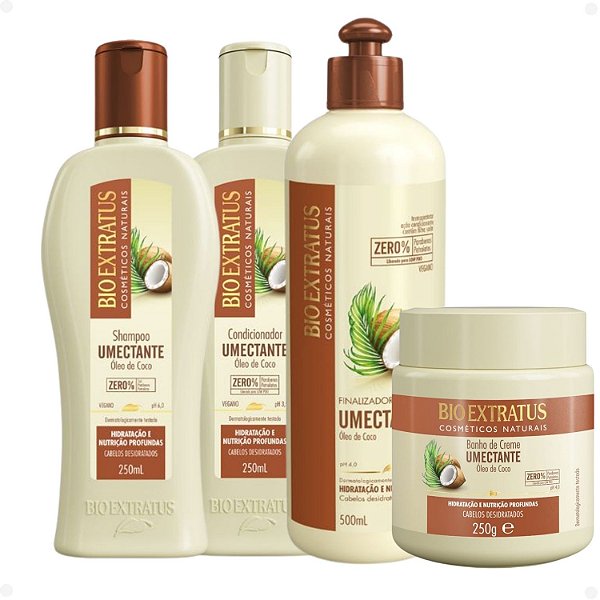 Kit Bio Extratus Umectante Óleo de Coco: Shampoo 500ml, Condicionador 500ml, Banho de Creme 500g e Finalizador 500ml