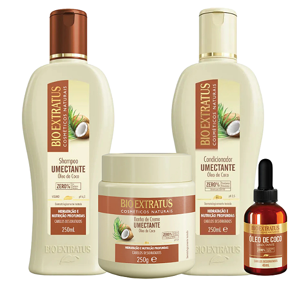 Kit Bio Extratus Umectante Óleo de Coco: Shampoo 250ml, Condicionador 250ml, Banho de Creme 250g e Óleo de Coco 40ml