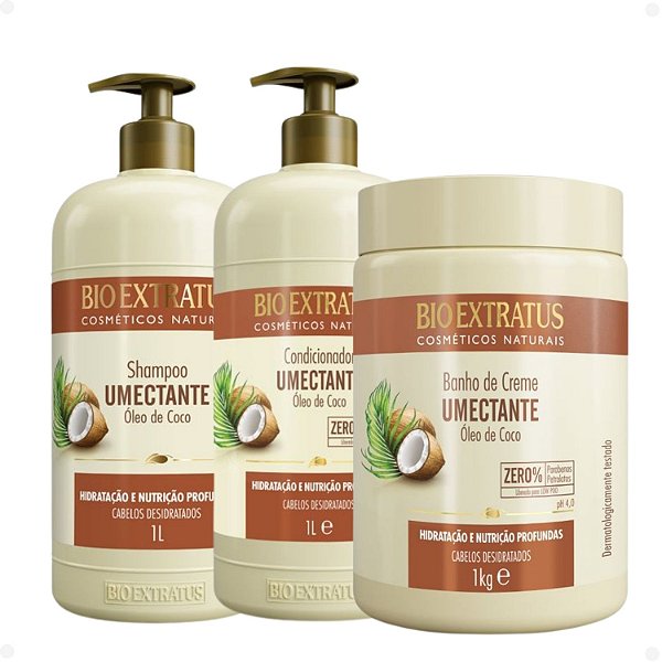 Kit Bio Extratus Umectante Óleo de Coco: Shampoo 1L, Condicionador 1L e Banho de Creme 1kg