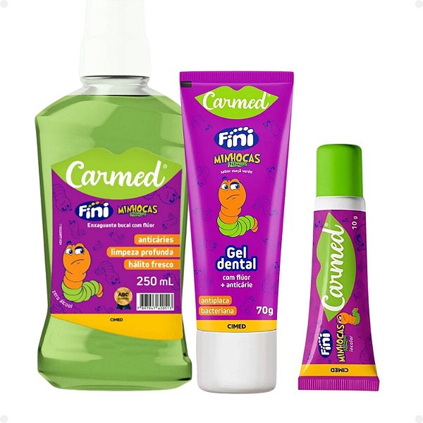Kit Carmed Fini Minhocas Azedinhas: Gel Dental, Enxaguante Bucal e Hidratante Labial