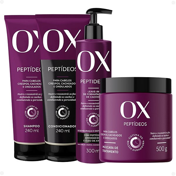 Kit OX Peptídeos Cabelos Crespos, Cacheados e Ondulados: Shampoo 240ml, Condicionador 240ml, Máscara de Tratamento 500g e Leave-in 300g