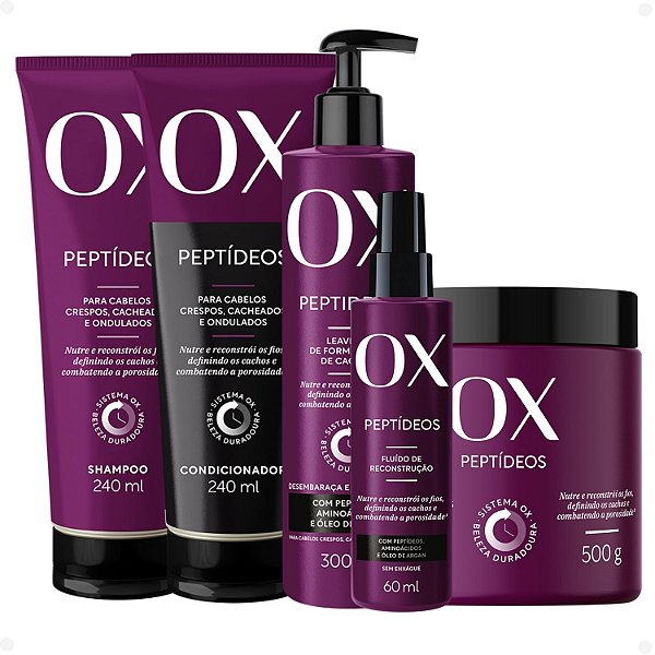 Kit OX Peptídeos Cabelos Crespos, Cacheados e Ondulados: Shampoo 240ml, Condicionador 240ml, Máscara de Tratamento 500g, Leave-in 300g e Fluído de Reconstrução 60ml
