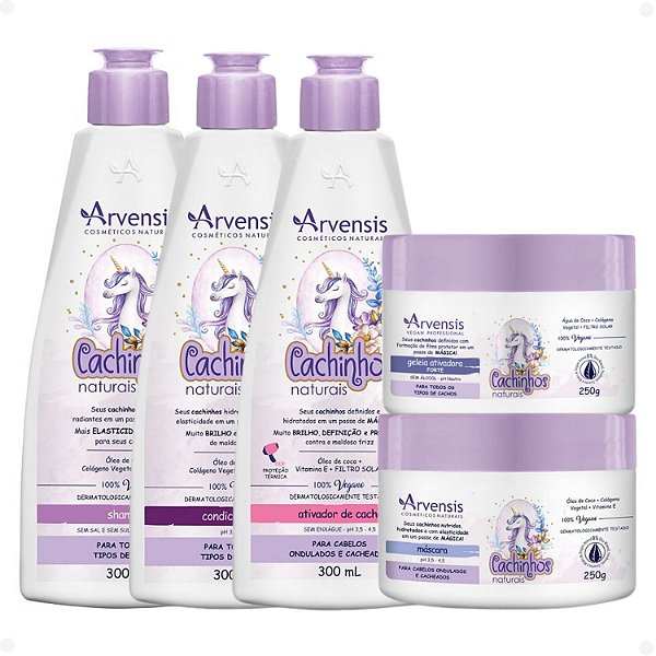 Kit Arvensis Cachinhos Naturais Cabelos Ondulados e Cacheados: Shampoo 300ml, Condicionador 300ml, Máscara 250g, Ativador de Cachos 300ml e Geleia Ativadora Forte 250g