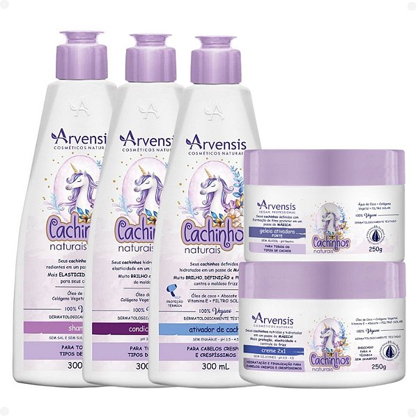 Kit Arvensis Cachinhos Naturais Cabelos Crespos e Crespíssimos: Shampoo 300ml, Condicionador 300ml, Creme 2x1 250g, Ativador de Cachos 300ml e Geleia Ativadora 300ml
