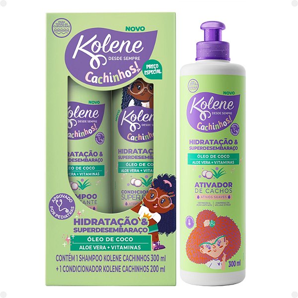 Kit Kolene Cachinhos: Shampoo 300ml, Condicionador 200ml e Ativador de Cachos
