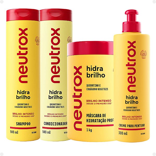 Kit Neutrox Hidra Brilho: Shampoo, Condicionador 500ml, Máscara 1Kg e Creme para Pentear 300ml