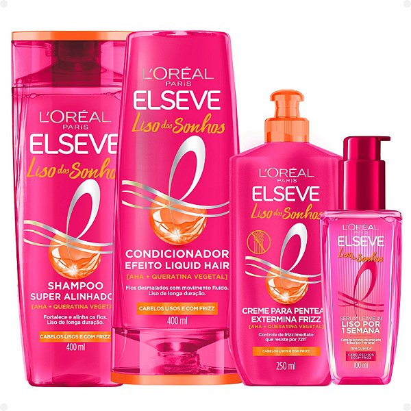 Kit Elseve Liso Dos Sonhos: Shampoo, Condicionador 400ml, Creme para Pentear e Sérum Leave-In