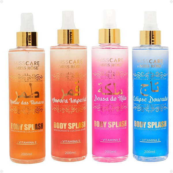Kit Miss Rôse Body Splash Colônia Árabe: Deusa do Nilo, Aurora Imperial, Nectar das Tâmaras e Eclipse Dourado