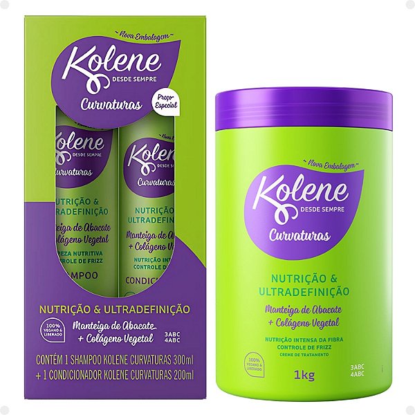 Kit Kolene Curvaturas Nutrição e Ultradefinição: Shampoo 300ml e Condicionador 200ml + Creme de Tratamento 1Kg