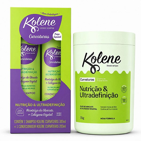 Kit Kolene Curvaturas Nutrição e Ultradefinição: Shampoo 300ml e Condicionador 200ml + Creme de Tratamento 1Kg