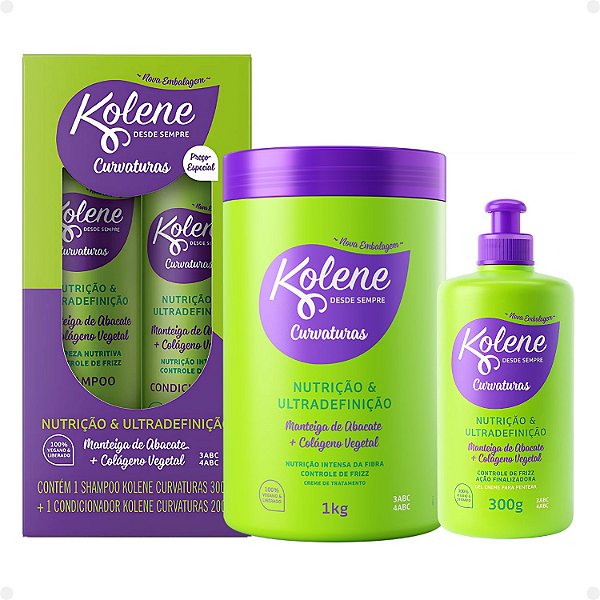 Kit Kolene Curvaturas Nutrição e Ultradefinição: Shampoo 300ml e Condicionador 200ml + Creme de Tratamento e Gel Creme 300g