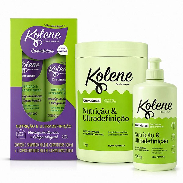 Kit Kolene Curvaturas Nutrição e Ultradefinição: Shampoo 300ml e Condicionador 200ml + Creme de Tratamento e Gel Creme 300g
