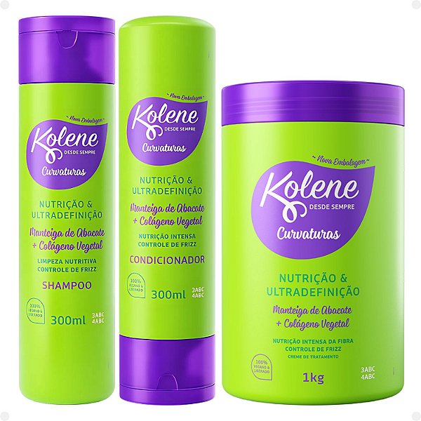 Kit Kolene Curvaturas Nutrição e Ultradefinição: Shampoo, Condicionador 300ml e Creme de Tratamento