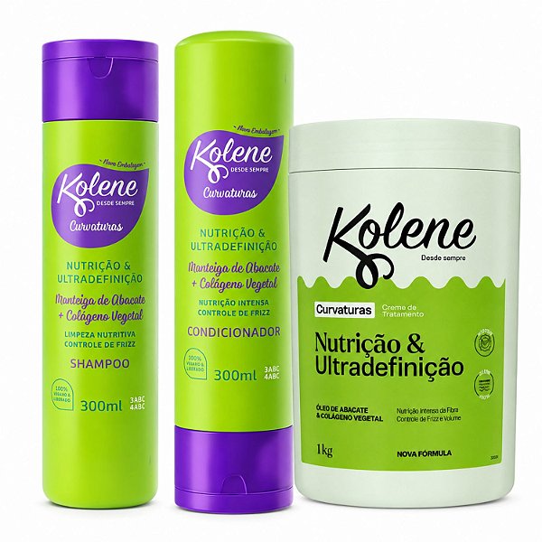 Kit Kolene Curvaturas Nutrição e Ultradefinição: Shampoo, Condicionador 300ml e Creme de Tratamento