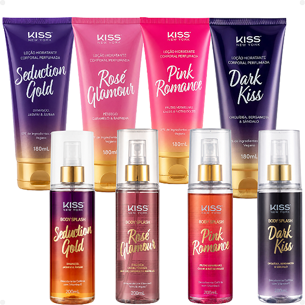Kit Kiss New York Loção Corporal e Body Splash: Rosé Glamour, Seduction Gold, Dark Kiss e Pink Romance 180ml