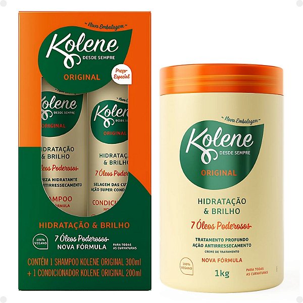 Kit Kolene Original Hidratação e Brilho: Shampoo 300ml e Condicionador 200ml + Creme de Tratamento 1Kg