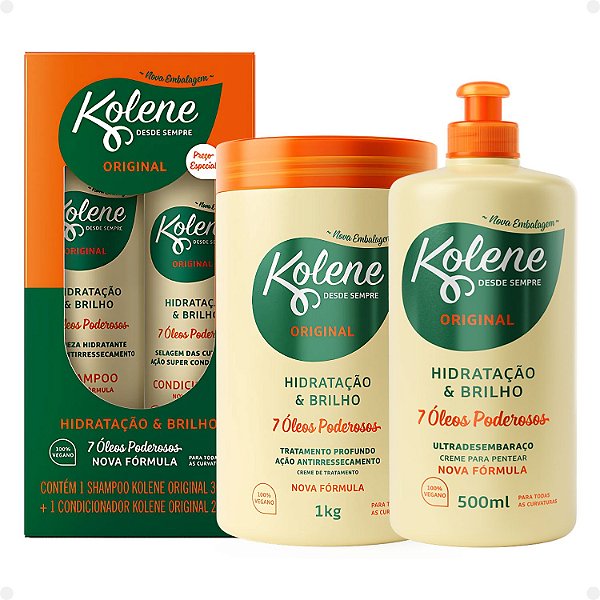 Kit Kolene Original Hidratação e Brilho: Shampoo 300ml e Condicionador 200ml + Creme de Tratamento 1Kg e Creme para Pentear 500ml