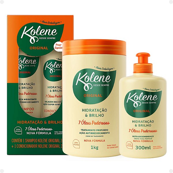 Kit Kolene Original Hidratação e Brilho: Shampoo 300ml e Condicionador 200ml + Creme de Tratamento 1Kg e Creme para Pentear 300ml