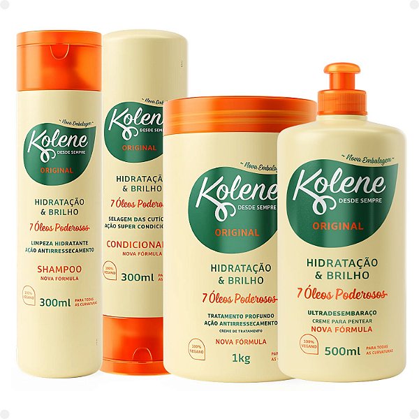 Kit Kolene Original Hidratação e Brilho: Shampoo, Condicionador 300ml, Creme de Tratamento 1Kg e Creme para Pentear 500ml