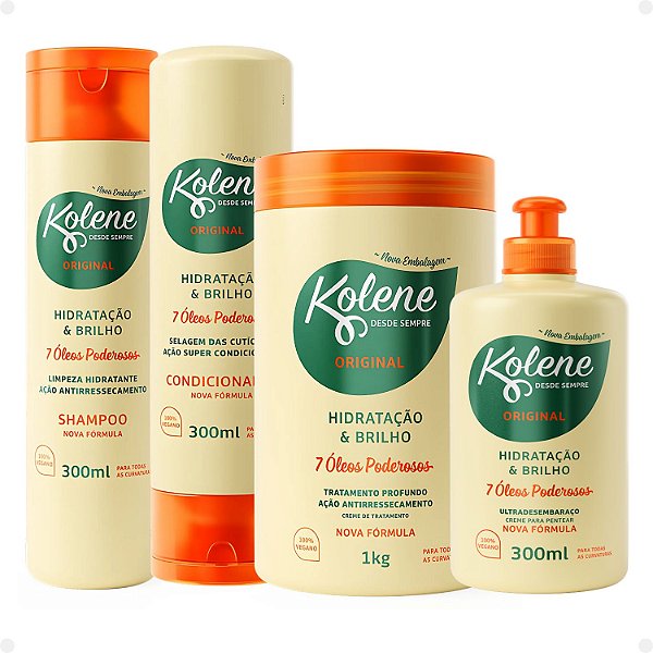 Kit Kolene Original Hidratação e Brilho: Shampoo, Condicionador 300ml, Creme de Tratamento 1Kg e Creme para Pentear 300ml