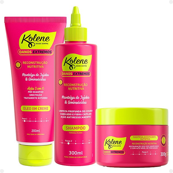 Kit Kolene Danos Extremos Reconstrução Nutritiva: Óleo em Creme, Shampoo e Manteiga Acidificante