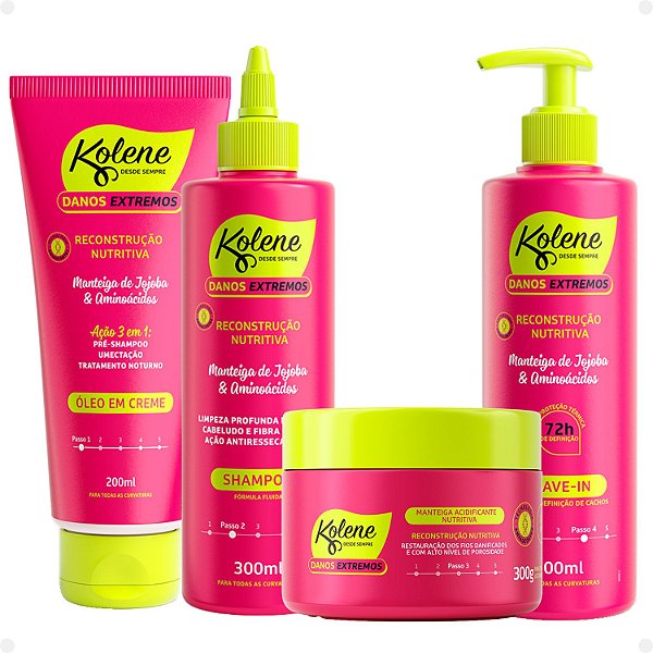 Kit Kolene Danos Extremos Reconstrução Nutritiva: Óleo em Creme, Shampoo, Manteiga Acidificante e Leave-In