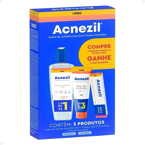 Kit Cimed Acnezil: 1 Sabonete Líquido 200ml, 1 Protetor Solar FPS 30 60g e 1 Gel Secativo 10g