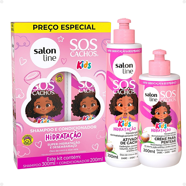 Kit Salon Line SOS Cachos Kids: Shampoo 300ml e Condicionador 200ml + Creme para Pentear 300ml e Ativador de Cachos 300ml Hidratação