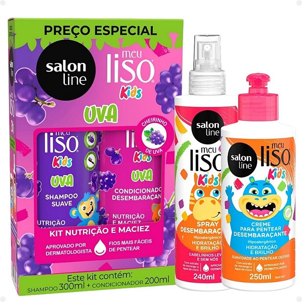 Kit Salon Line Meu Liso Kids: Shampoo 300ml e Condicionador 200ml Uva + Creme para Pentear 250ml e Spray Desembaraçante 240ml