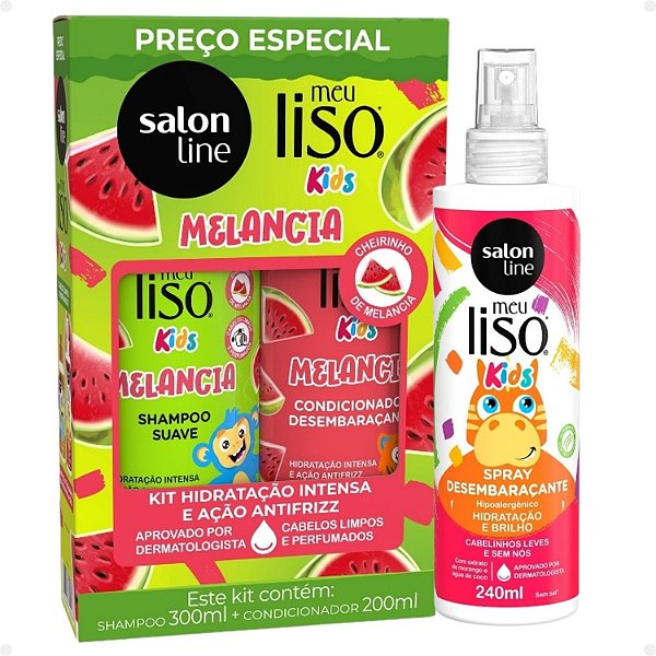 Kit Salon Line Meu Liso Kids: Shampoo 300ml e Condicionador 200ml Melancia + Spray Desembaraçante 250ml