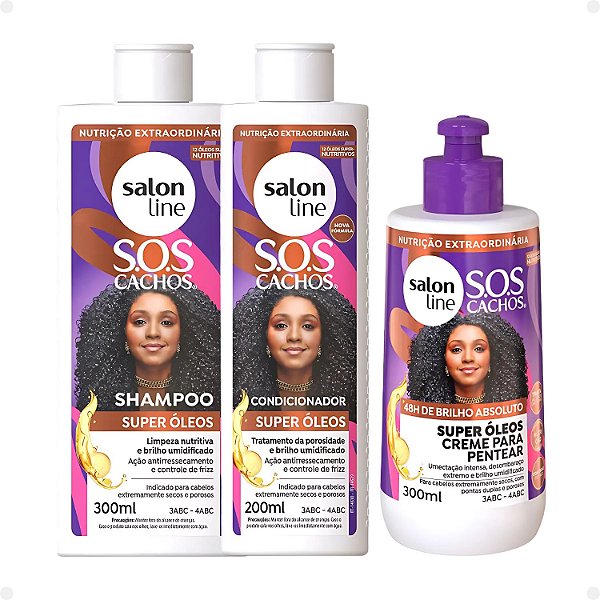 Kit Salon Line SOS Cachos Super Óleos: Shampoo 300ml e Condicionador 200ml + Creme Para Pentear 300ml