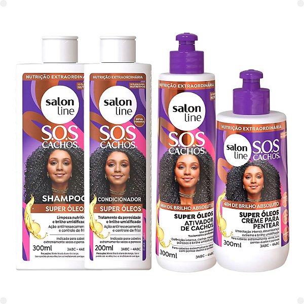 Kit Salon Line SOS Cachos Super Óleos: Shampoo 300ml e Condicionador 200ml + Creme Para Pentear 300ml e Ativador de Cachos 300ml