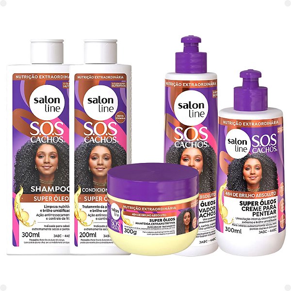 Kit Salon Line SOS Cachos Super Óleos: Shampoo 300ml e Condicionador 200ml + Creme Para Pentear 300ml, Ativador de Cachos 300ml e Máscara de Tratamento 300g