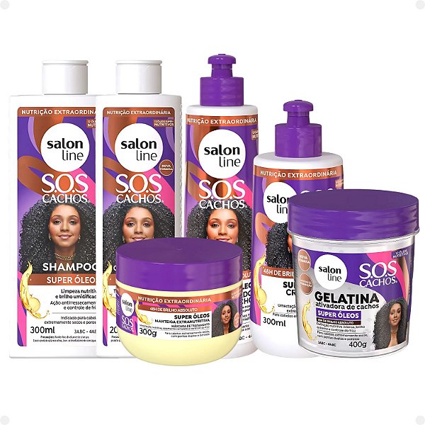 Kit Salon Line SOS Cachos Super Óleos: Shampoo 300ml e Condicionador 200ml + Creme Para Pentear 300ml, Ativador de Cachos 300ml, Máscara de Tratamento 300g e Gelatina 400g