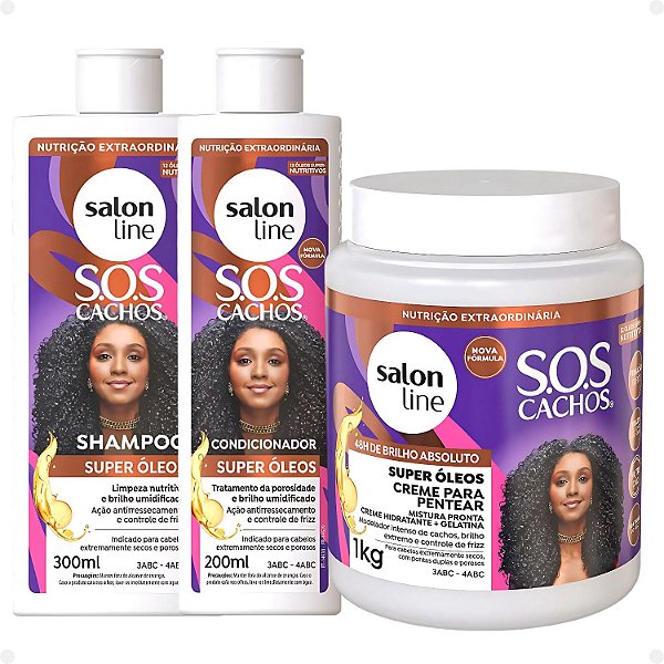 Kit Salon Line SOS Cachos Super Óleos: Shampoo 300ml e Condicionador 200ml + Creme Para Pentear 1kg
