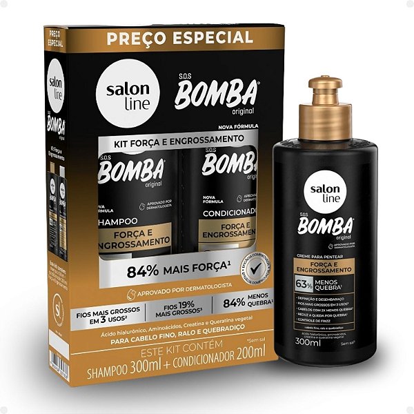 Kit Salon Line SOS Bomba Força e Engrossamento: Shampoo 300ml e Condicionador 200ml + Creme Para Pentear 300ml