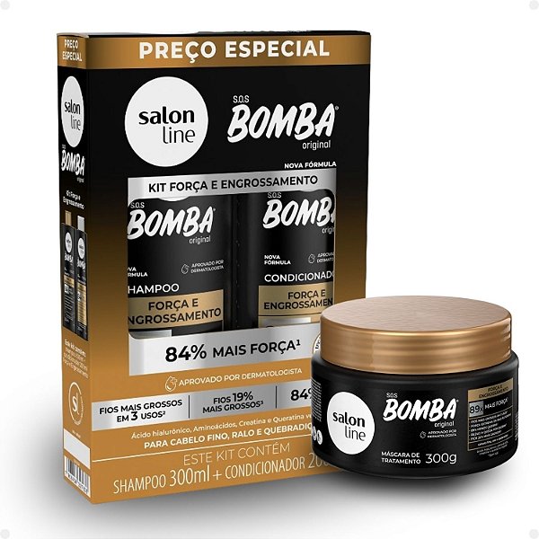 Kit Salon Line SOS Bomba Força e Engrossamento: Shampoo 300ml e Condicionador 200ml + Máscara Hidratante 300g
