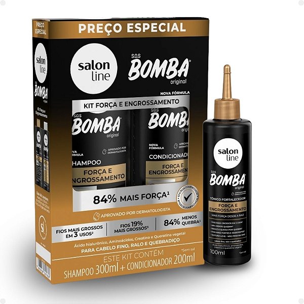Kit Salon Line SOS Bomba Força e Engrossamento: Shampoo 300ml e Condicionador 200ml + Tônico Fortalecedor 100ml